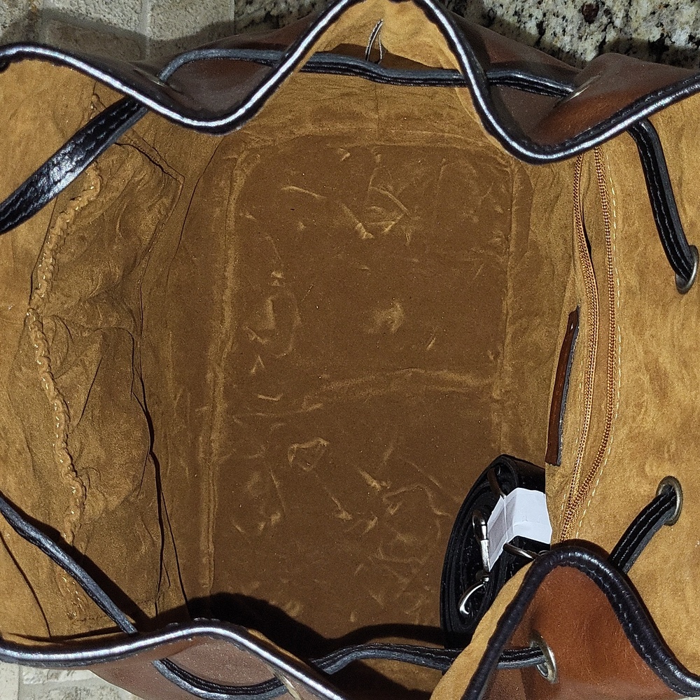 Patricia Nash Brown and Black Leather Drawstring Bucket Bag - Picture 15 of 16